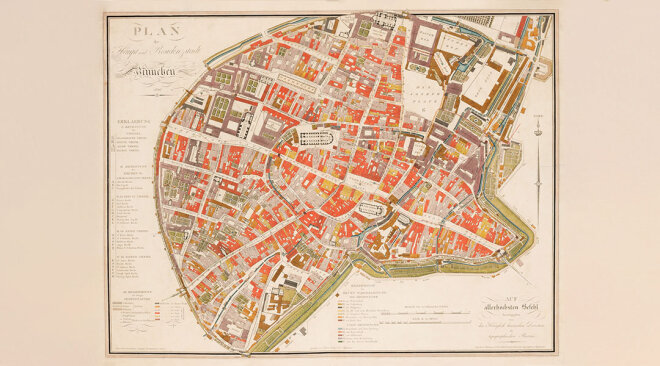 alter Plan einer Stadt mit Stadtmauer
