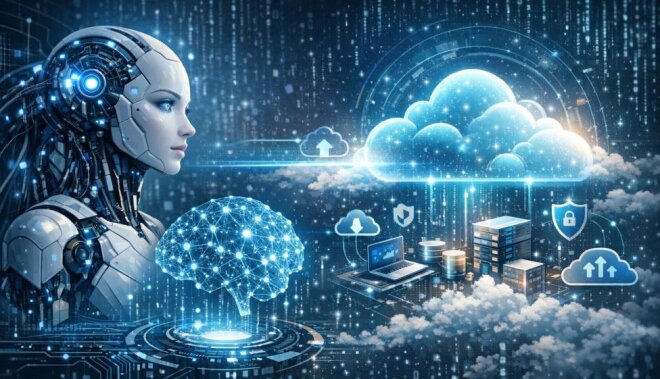 KI-generiertes Bild mit Roboter, Wolken und weiteren Elementen